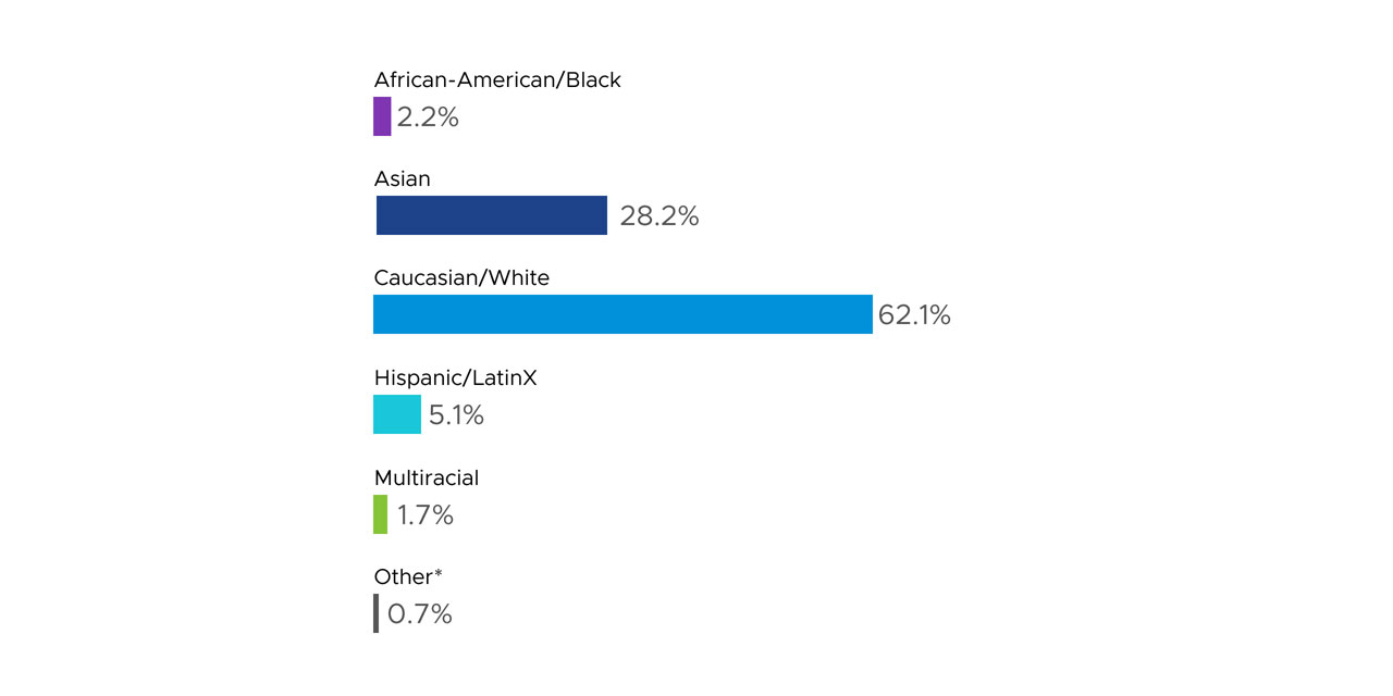 Racial Ethnicity breakdown in Leadership at VMware in 2021 in descending order: 64.9% white, 28.2 % Asian, 4.0% Hispanic/LatinX, 1.4% African-American/Black, 1.2 % Multiracial, 0.3 % other
